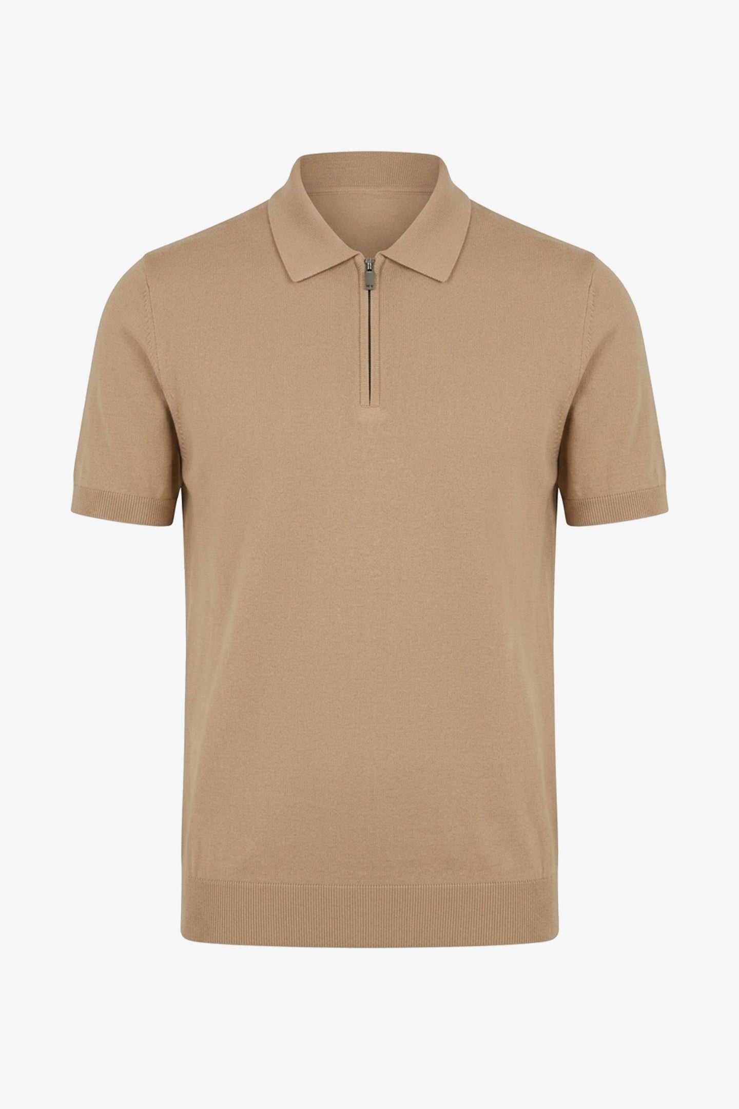 Beige Zip Neck Knitted Polo Shirt for Men