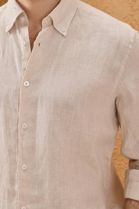 Men’s Beige Pure Linen Shirt Long Sleeve Button-Down Summer Shirt