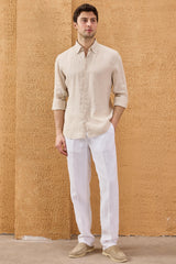 Men’s Beige Pure Linen Shirt Long Sleeve Button-Down Summer Shirt