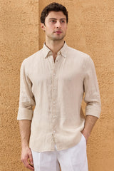 Men’s Beige Pure Linen Shirt Long Sleeve Button-Down Summer Shirt