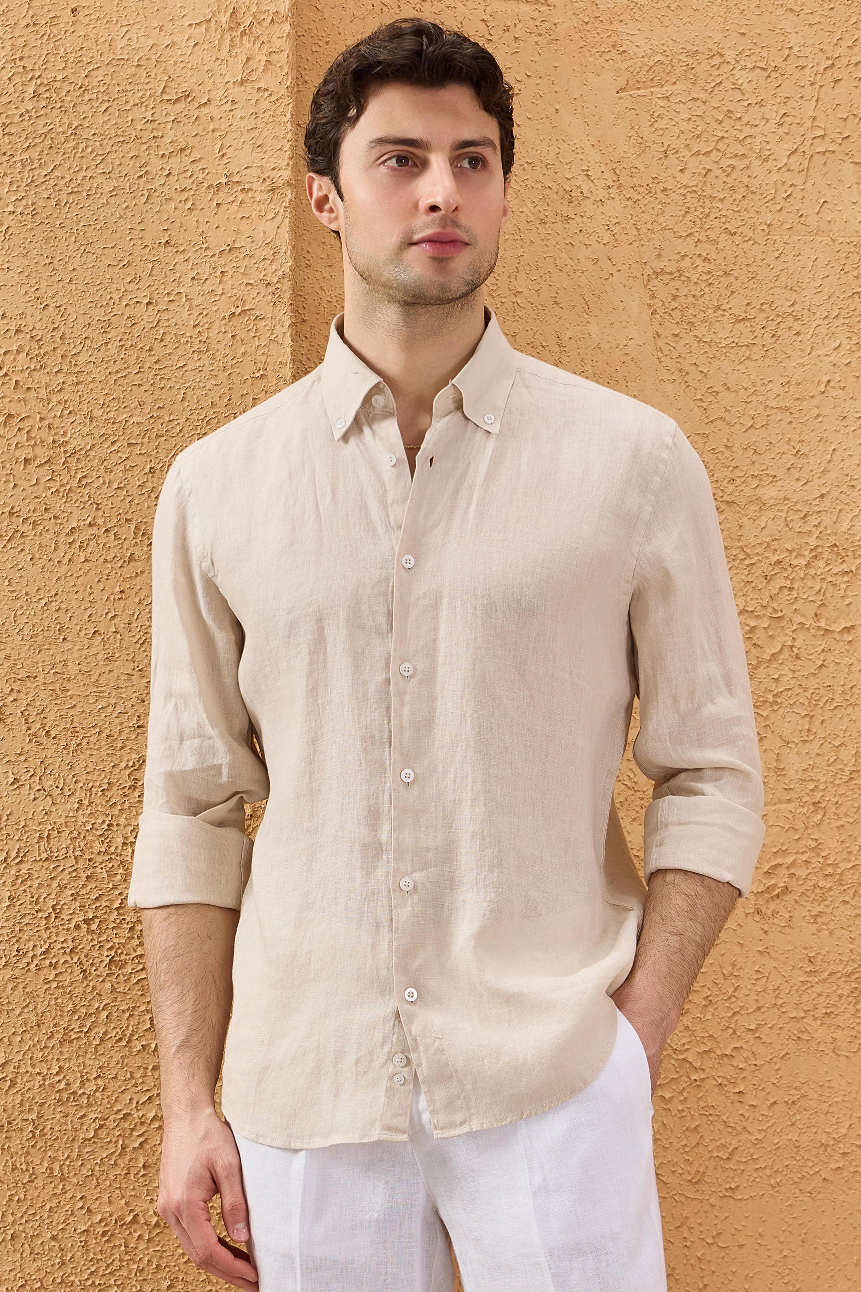 Men’s Beige Pure Linen Shirt Long Sleeve Button-Down Summer Shirt