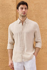 Men’s Beige Pure Linen Shirt Long Sleeve Button-Down Summer Shirt