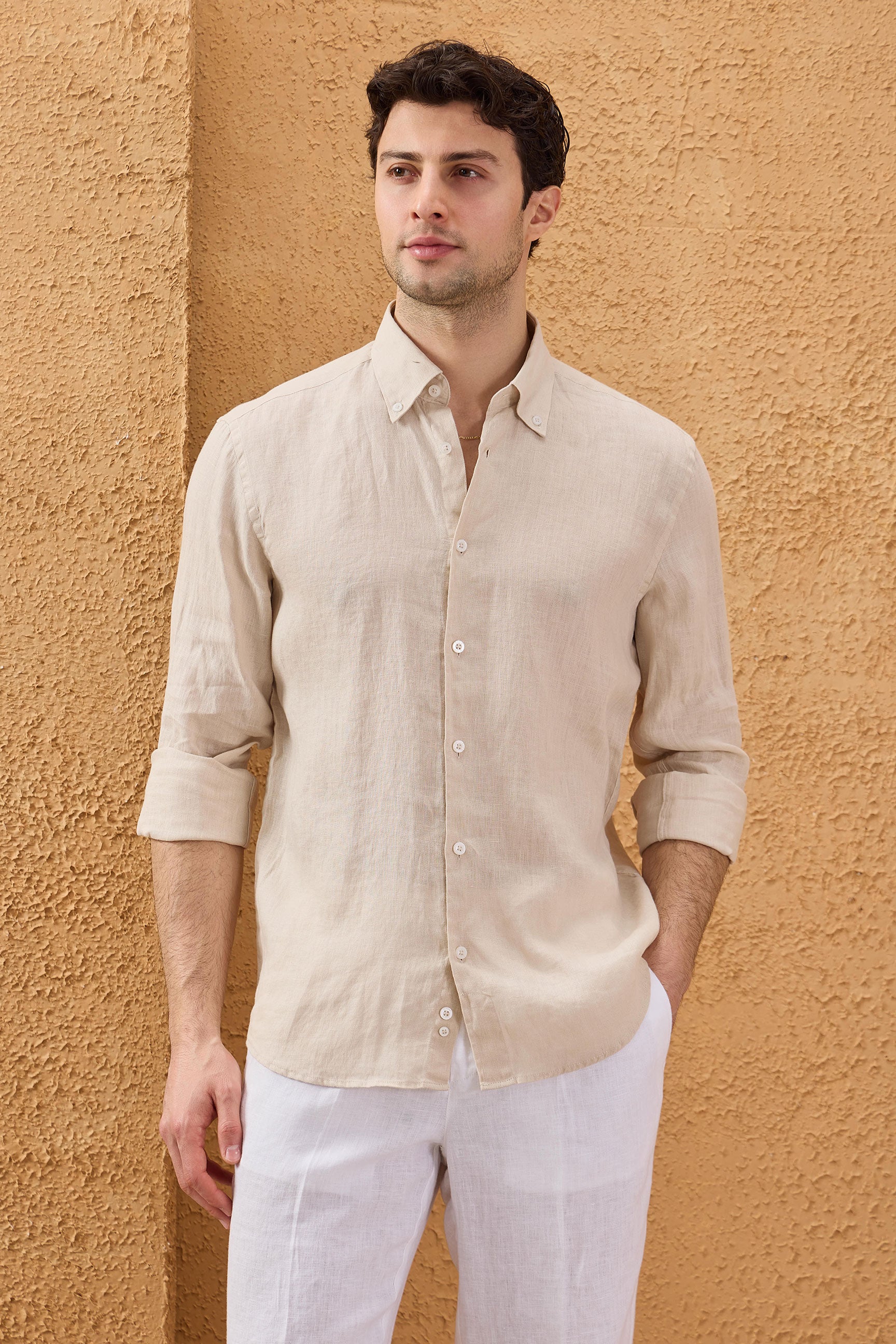 Men’s Beige Pure Linen Shirt Long Sleeve Button-Down Summer Shirt