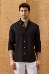 Men’s Black Pure Linen Shirt Long Sleeve Button-Down Summer Shirt