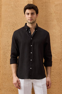 Men’s Black Pure Linen Shirt Long Sleeve Button-Down Summer Shirt