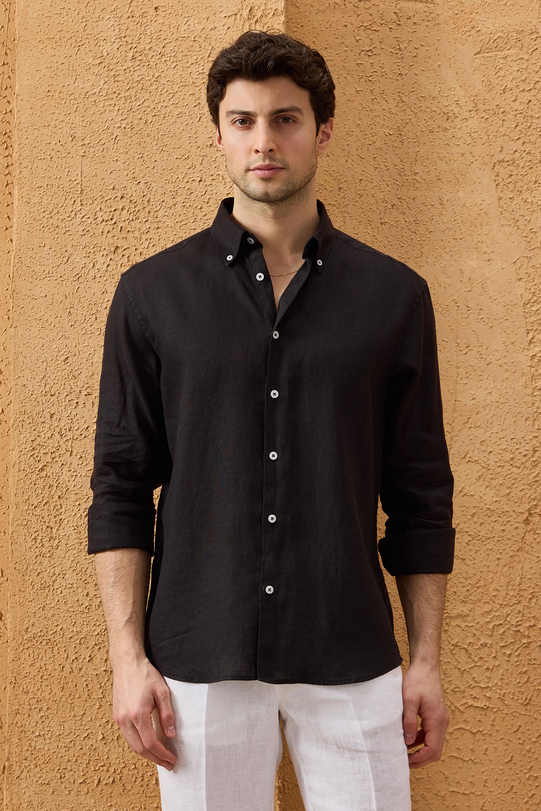 Men’s Black Pure Linen Shirt Long Sleeve Button-Down Summer Shirt
