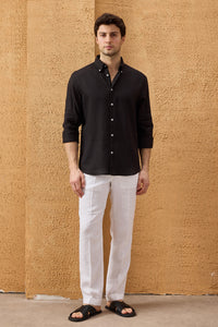 Men’s Black Pure Linen Shirt Long Sleeve Button-Down Summer Shirt