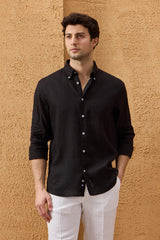 Men’s Black Pure Linen Shirt Long Sleeve Button-Down Summer Shirt