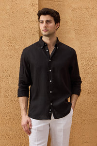Men’s Black Pure Linen Shirt Long Sleeve Button-Down Summer Shirt