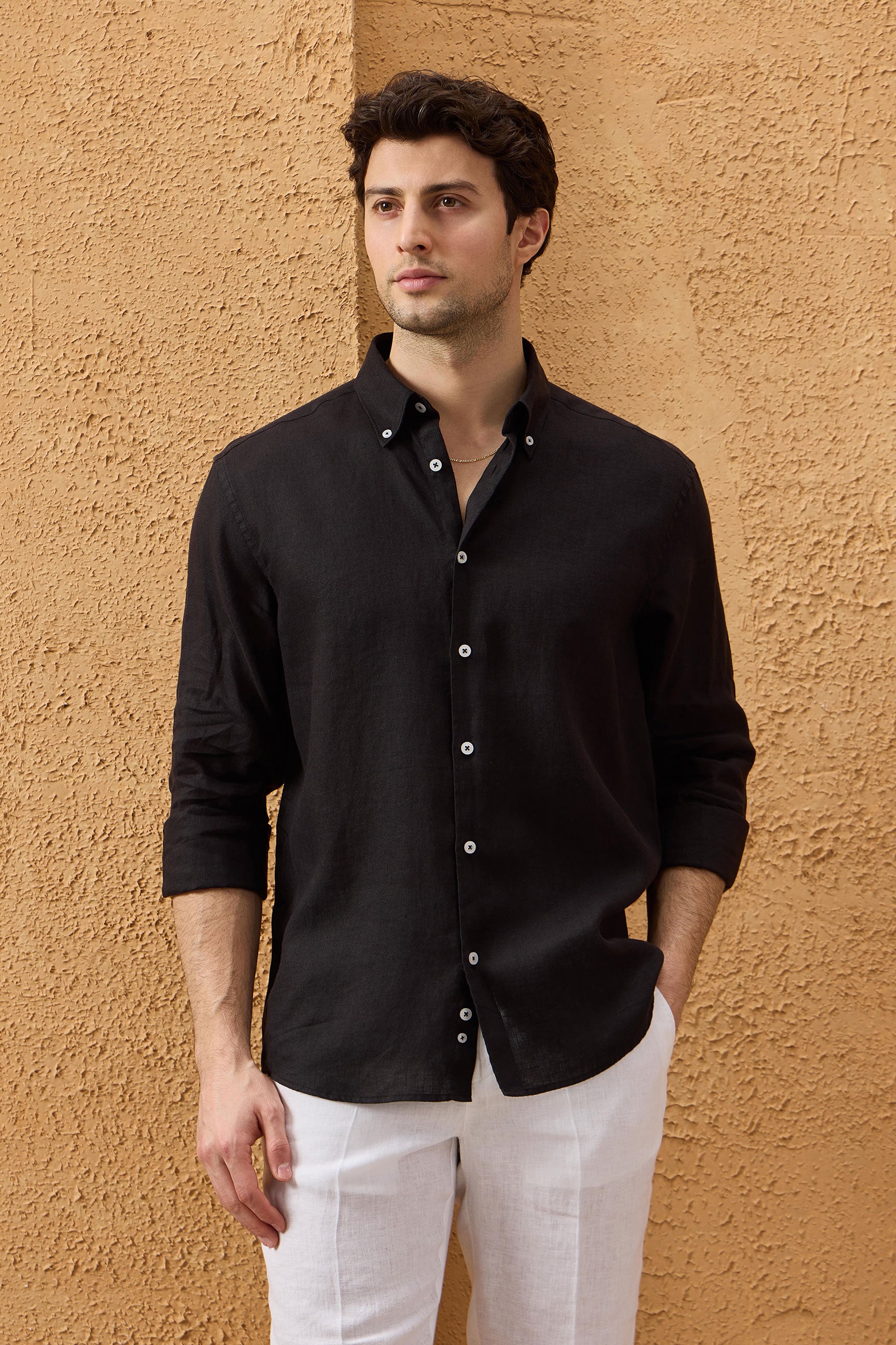 Men’s Black Pure Linen Shirt Long Sleeve Button-Down Summer Shirt