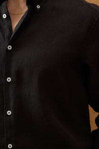 Men’s Black Pure Linen Shirt Long Sleeve Button-Down Summer Shirt