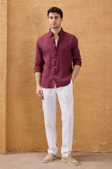 Men’s Burgundy Pure Linen Shirt Long Sleeve Button-Down Summer Shirt