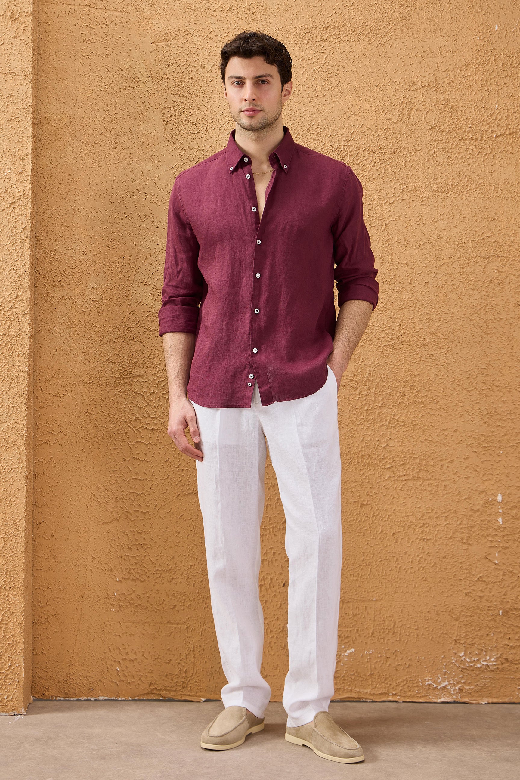 Men’s Burgundy Pure Linen Shirt Long Sleeve Button-Down Summer Shirt