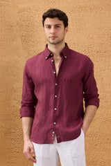 Men’s Burgundy Pure Linen Shirt Long Sleeve Button-Down Summer Shirt