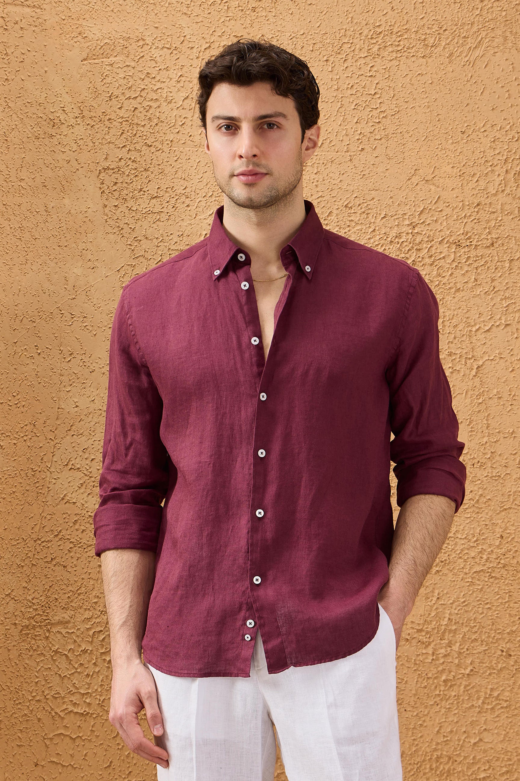 Men’s Burgundy Pure Linen Shirt Long Sleeve Button-Down Summer Shirt