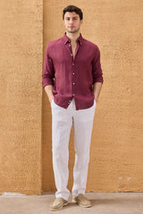 Men’s Burgundy Pure Linen Shirt Long Sleeve Button-Down Summer Shirt