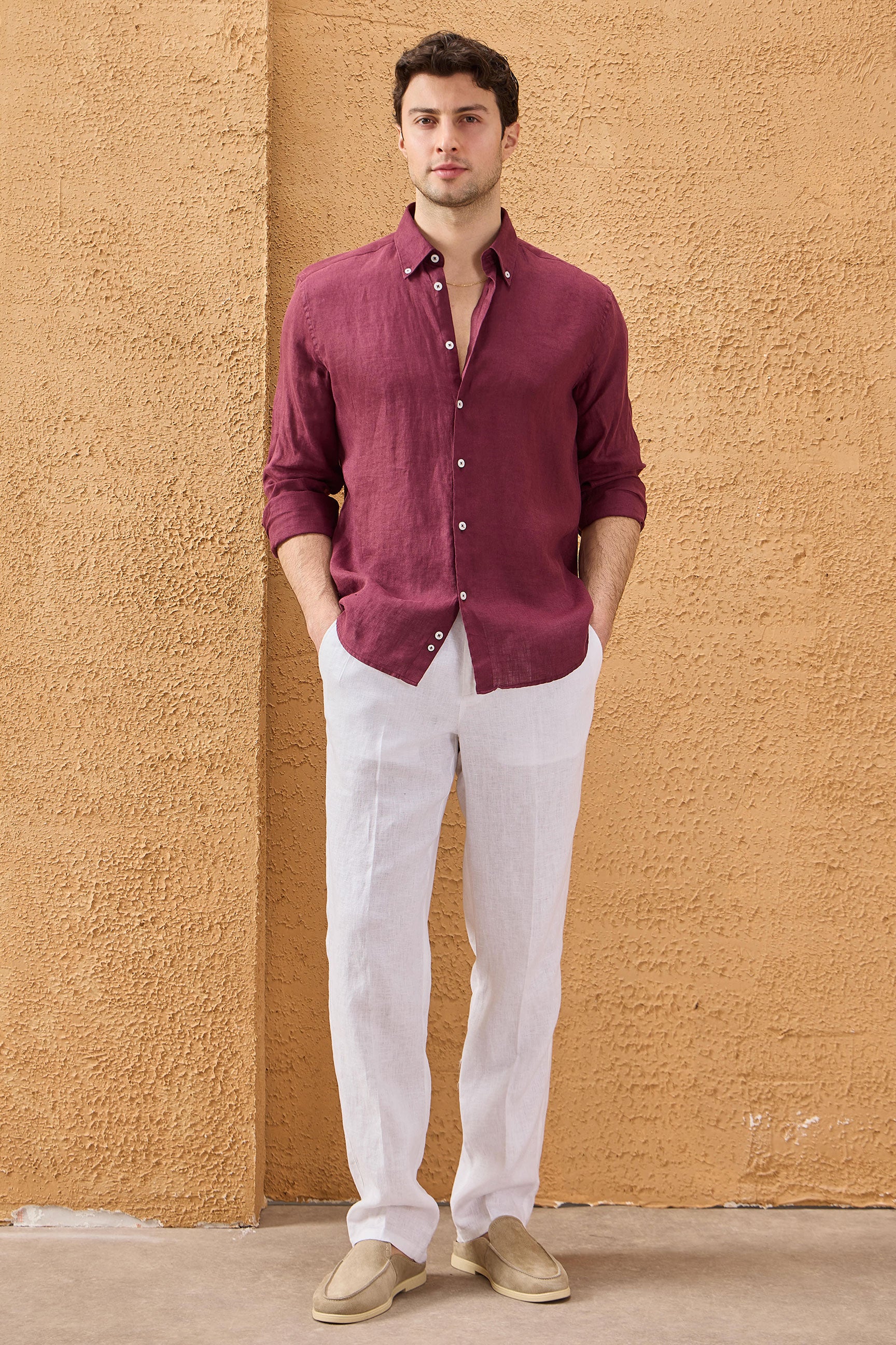 Men’s Burgundy Pure Linen Shirt Long Sleeve Button-Down Summer Shirt