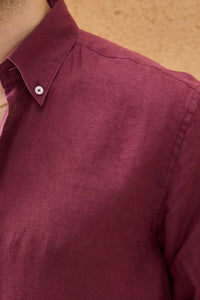 Men’s Burgundy Pure Linen Shirt Long Sleeve Button-Down Summer Shirt