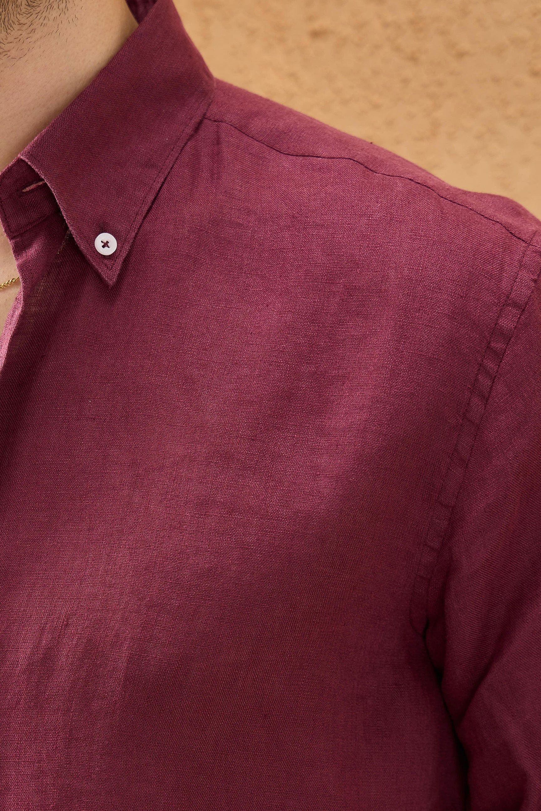 Men’s Burgundy Pure Linen Shirt Long Sleeve Button-Down Summer Shirt