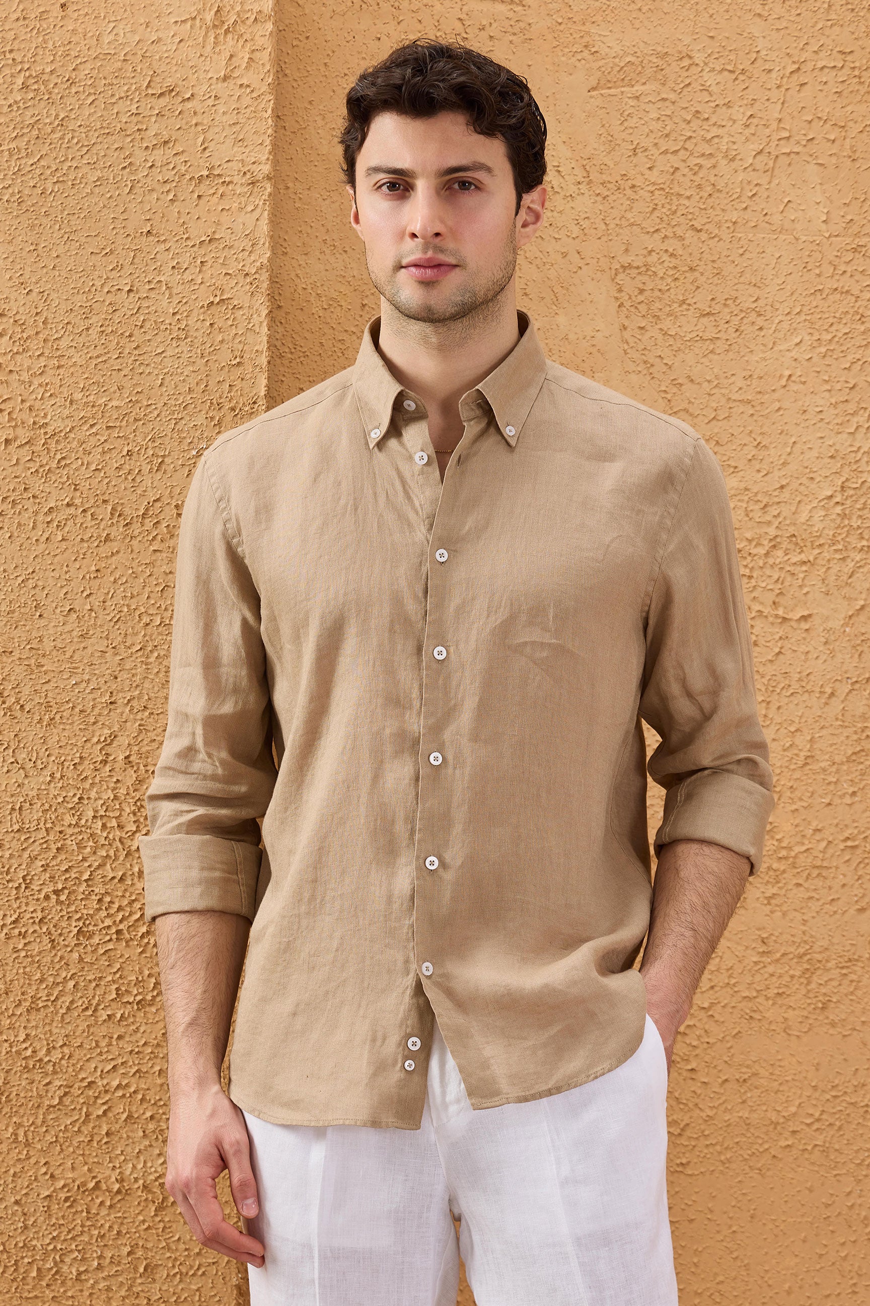 Men’s Camel Brown Pure Linen Shirt Long Sleeve Button-Down Summer Shirt