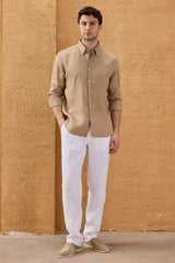 Men’s Camel Brown Pure Linen Shirt Long Sleeve Button-Down Summer Shirt