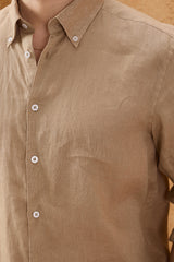 Men’s Camel Brown Pure Linen Shirt Long Sleeve Button-Down Summer Shirt