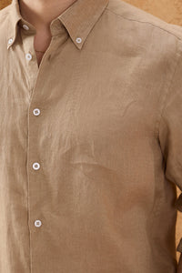 Men’s Camel Brown Pure Linen Shirt Long Sleeve Button-Down Summer Shirt
