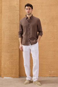 Men’s Dark Brown Pure Linen Shirt Long Sleeve Button-Down Summer Shirt