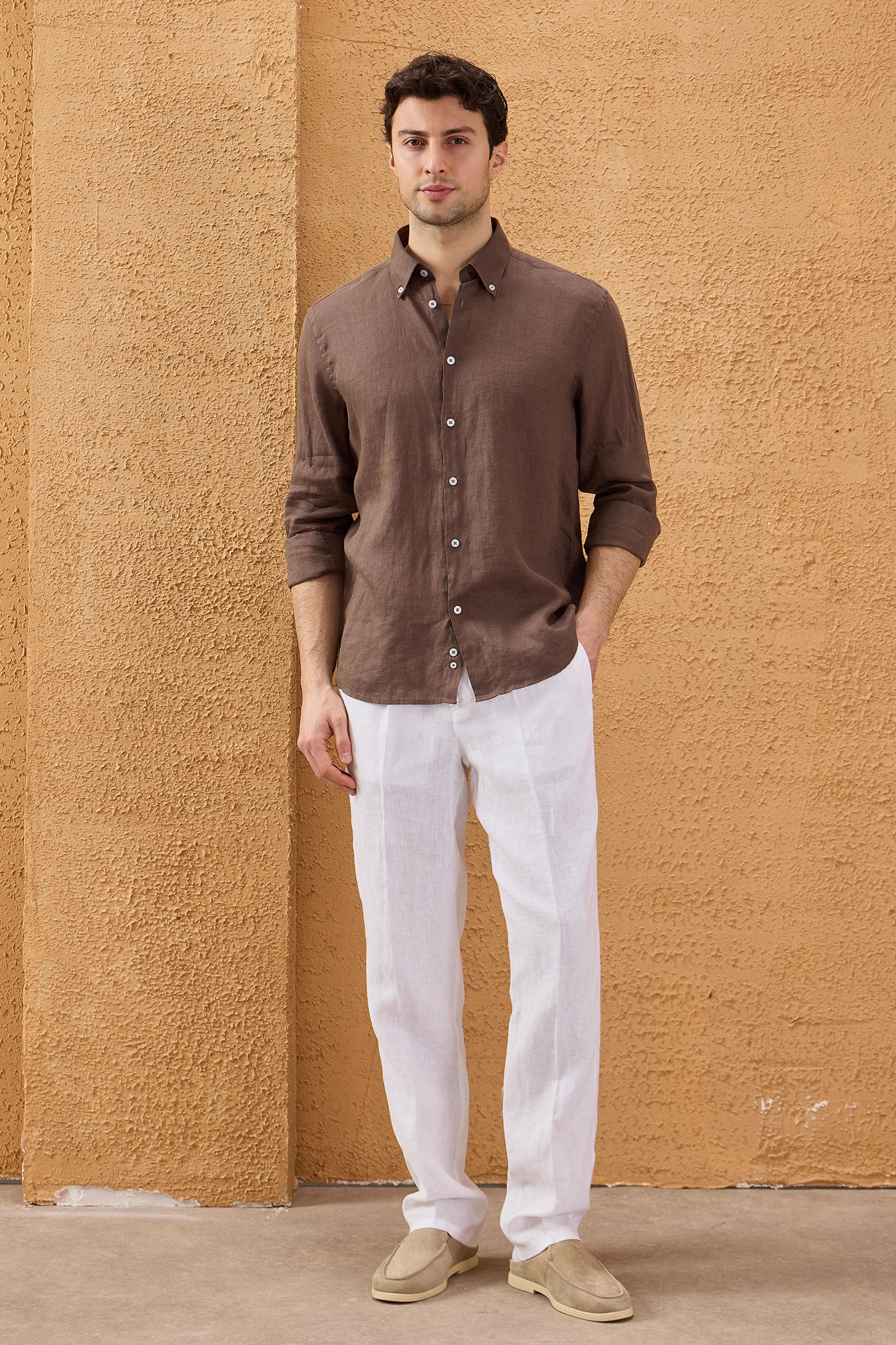 Men’s Dark Brown Pure Linen Shirt Long Sleeve Button-Down Summer Shirt