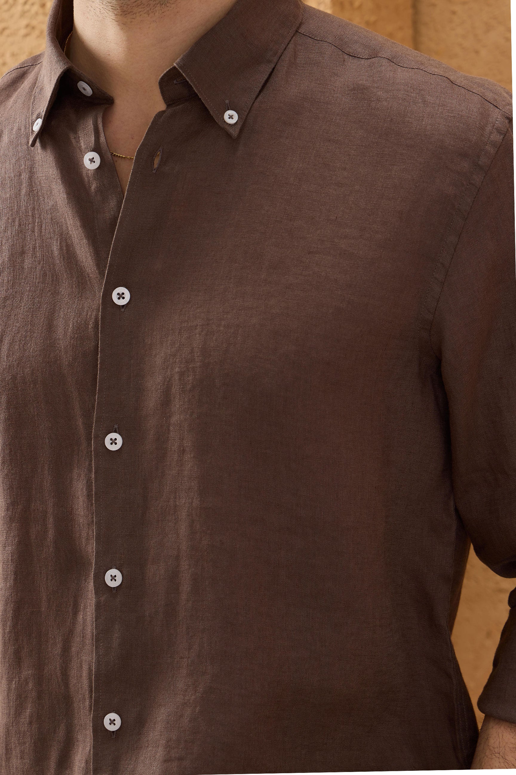 Men’s Dark Brown Pure Linen Shirt Long Sleeve Button-Down Summer Shirt