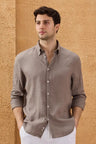Men’s Light Brown Pure Linen Shirt Long Sleeve Button-Down Summer Shirt