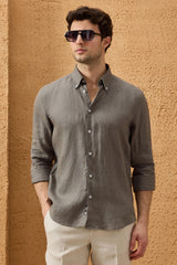 Men’s Khaki Pure Linen Shirt Long Sleeve Button-Down Summer Shirt