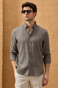 Men’s Khaki Pure Linen Shirt Long Sleeve Button-Down Summer Shirt