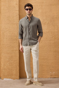 Men’s Khaki Pure Linen Shirt Long Sleeve Button-Down Summer Shirt