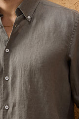 Men’s Khaki Pure Linen Shirt Long Sleeve Button-Down Summer Shirt