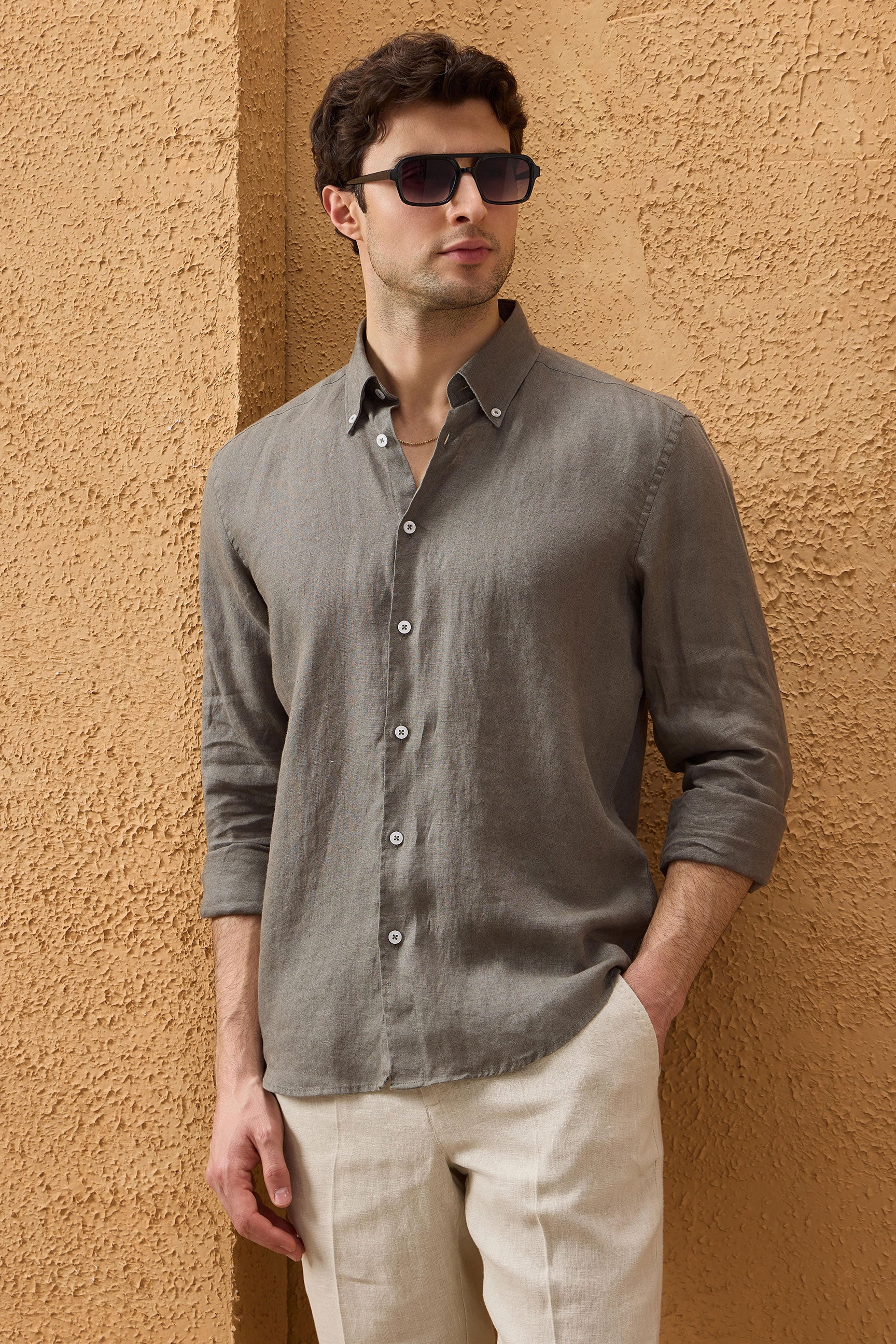 Men’s Khaki Pure Linen Shirt Long Sleeve Button-Down Summer Shirt