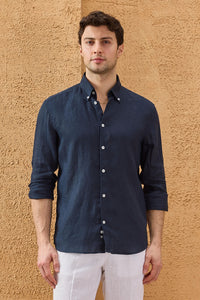 Men’s Navy Pure Linen Shirt Long Sleeve Button-Down Summer Shirt