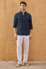 Men’s Navy Pure Linen Shirt Long Sleeve Button-Down Summer Shirt