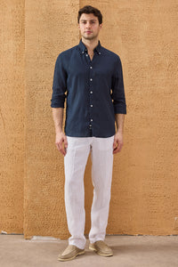 Men’s Navy Pure Linen Shirt Long Sleeve Button-Down Summer Shirt