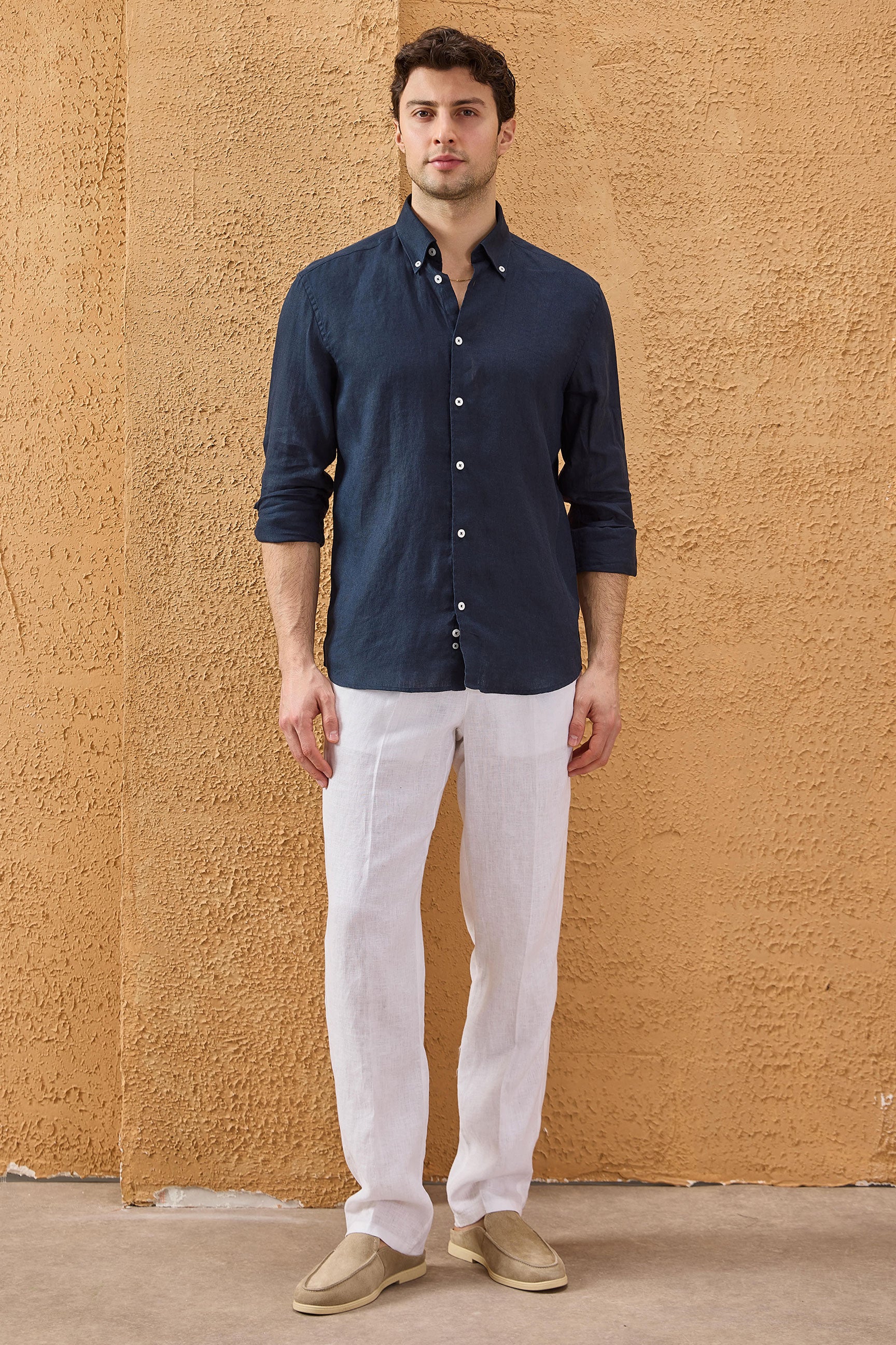 Men’s Navy Pure Linen Shirt Long Sleeve Button-Down Summer Shirt