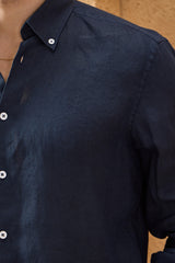 Men’s Navy Pure Linen Shirt Long Sleeve Button-Down Summer Shirt