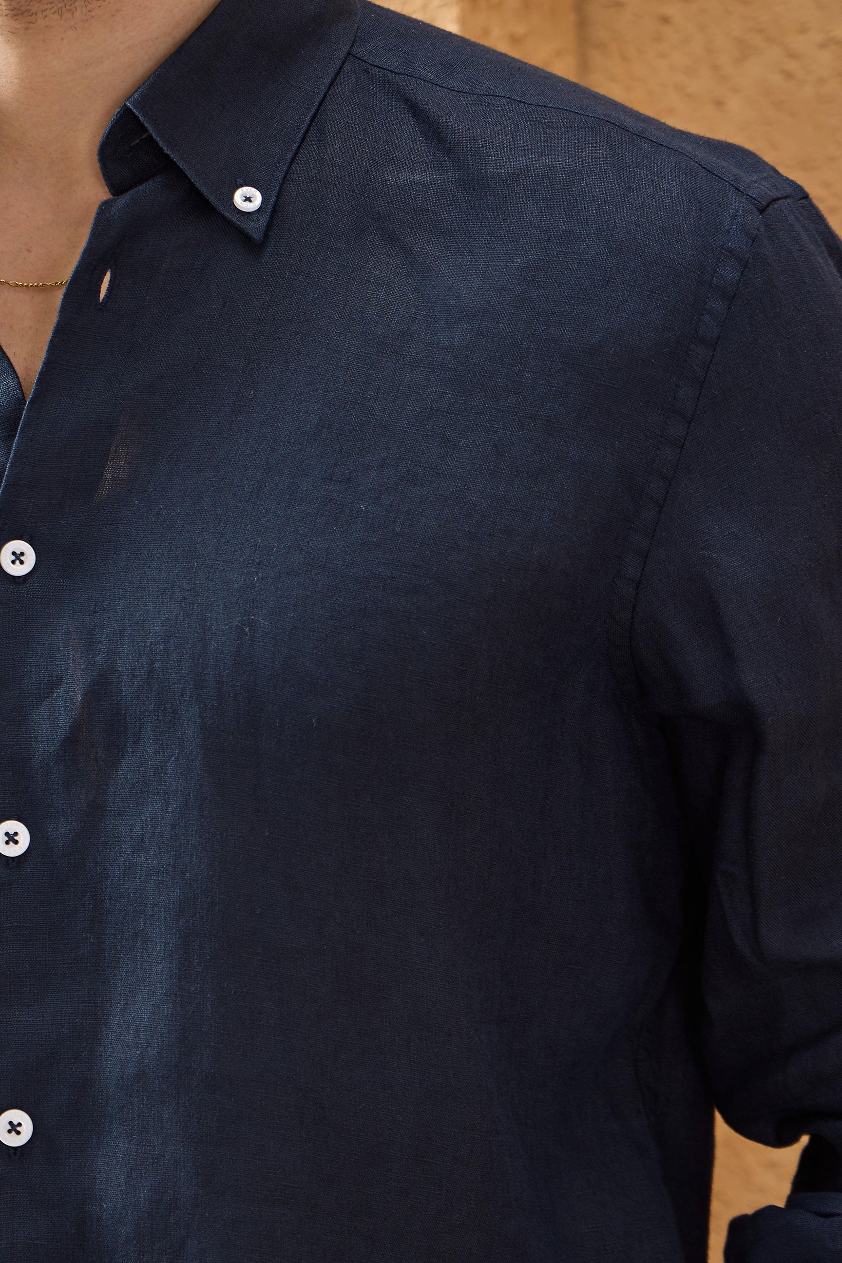 Men’s Navy Pure Linen Shirt Long Sleeve Button-Down Summer Shirt