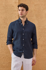 Men’s Navy Pure Linen Shirt Long Sleeve Button-Down Summer Shirt