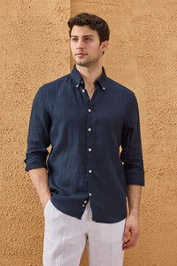 Men’s Navy Pure Linen Shirt Long Sleeve Button-Down Summer Shirt