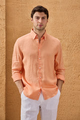 Men’s Orange Pure Linen Shirt Long Sleeve Button-Down Summer Shirt