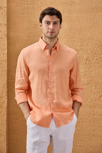 Men’s Orange Pure Linen Shirt Long Sleeve Button-Down Summer Shirt