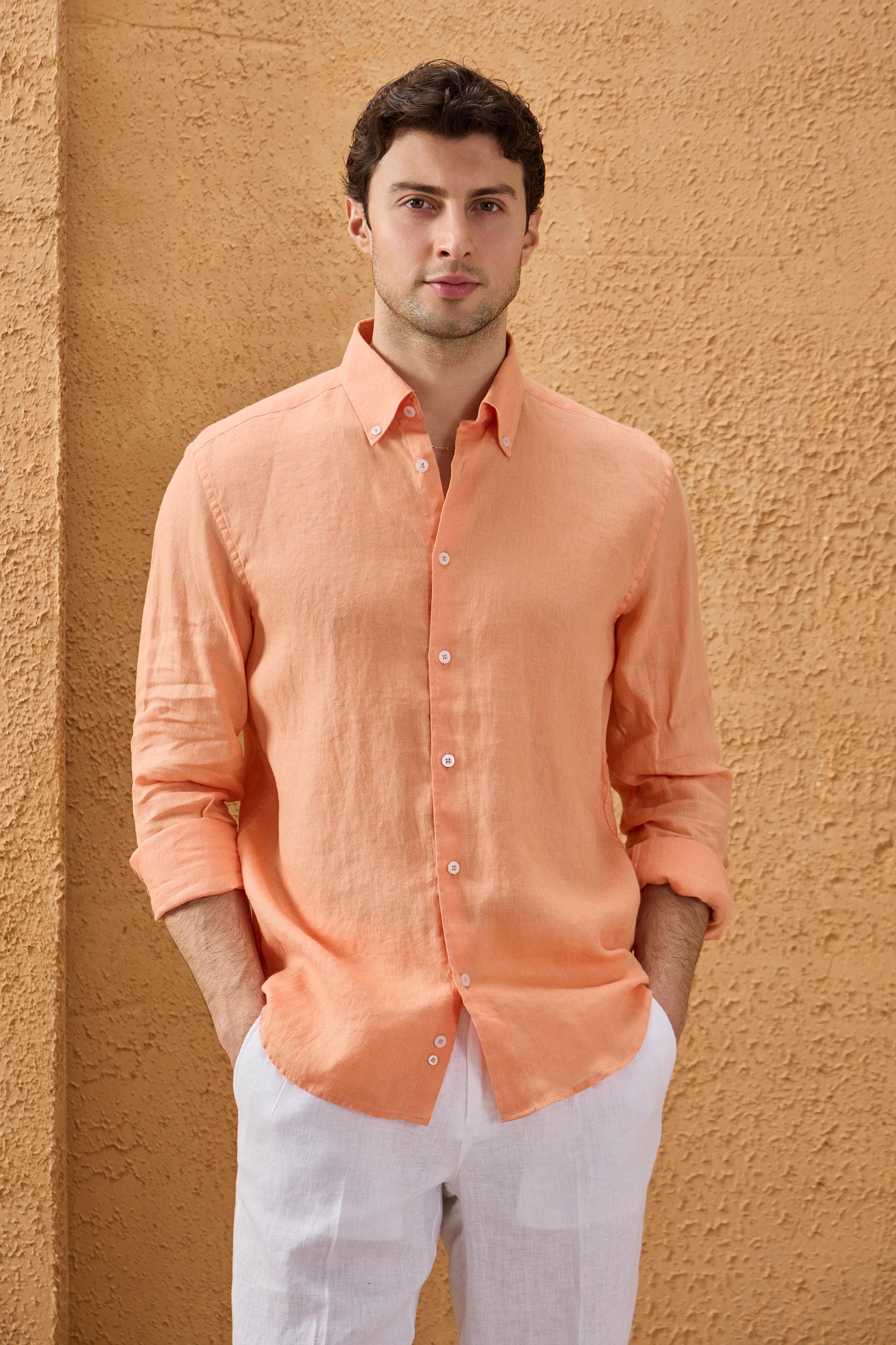 Men’s Orange Pure Linen Shirt Long Sleeve Button-Down Summer Shirt