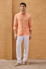 Men’s Orange Pure Linen Shirt Long Sleeve Button-Down Summer Shirt
