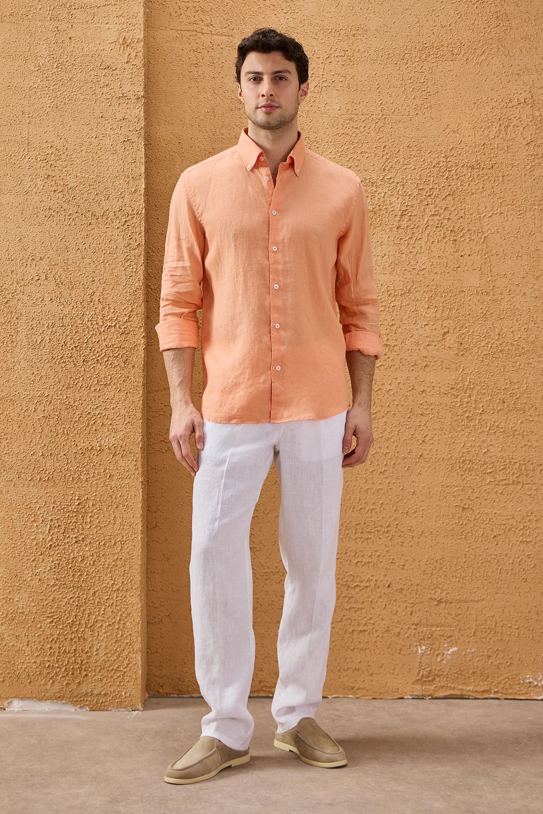 Men’s Orange Pure Linen Shirt Long Sleeve Button-Down Summer Shirt