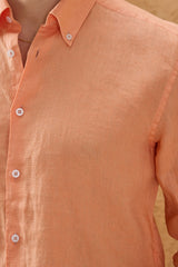Men’s Orange Pure Linen Shirt Long Sleeve Button-Down Summer Shirt